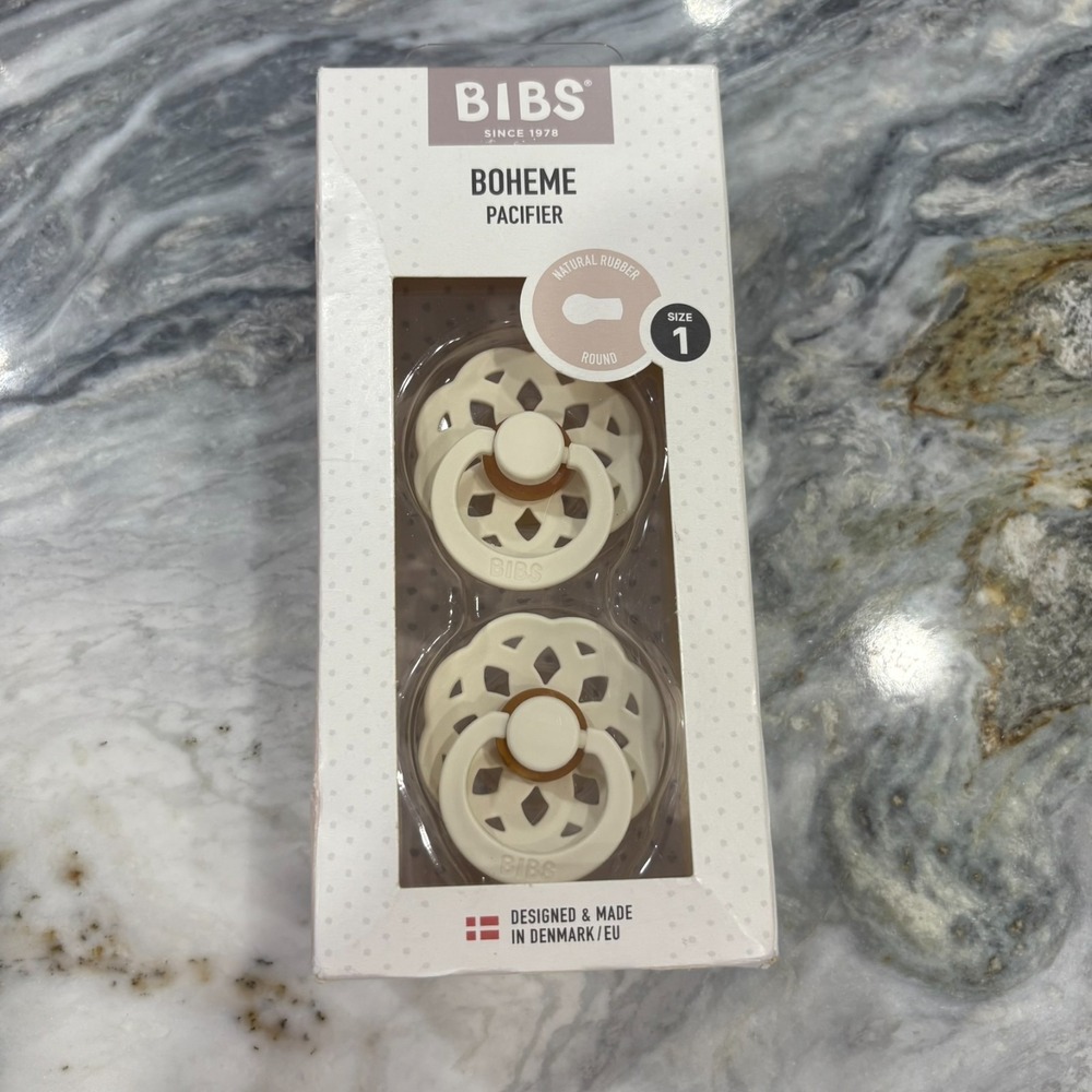 Pack‎ Of 2 Bibs Cream Boheme Natural Denmark Rubber Round Baby Pacifier Size 1